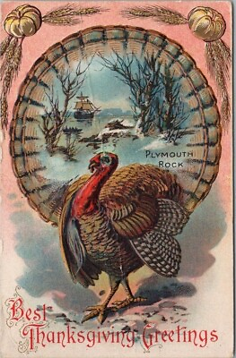 #ad Vintage THANKSGIVING Embossed Greetings Postcard quot;PLYMOUTH ROCKquot; Turkey 1913 $7.99