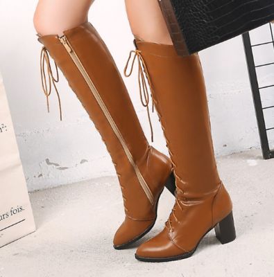 #ad Fashion Women#x27;s Casual Lace Up Zip Shoes Block Heels Knee High Motorcycle Bootie $60.89
