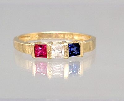 #ad 14K Yellow Gold 3 stone Red White Blue Sapphire Ruby Birth Gemstone Ring Sz all $90.99