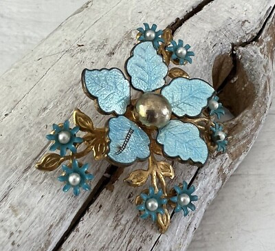 #ad Vintage Miriam Haskell ? Style Pearl Russian Gold Enamel Blue Flower Brooch #312 $79.99
