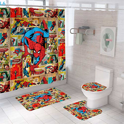 #ad Spiderman Print Shower Curtain Non Slip Foot Mat Rug Carpet Toilet Lid Bathroom $39.34