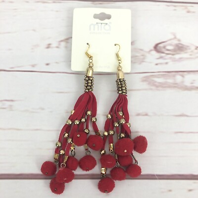 #ad Mia Collection Red Dangle Fashion Earrings Felt Material Beaded Costume Jewelry $6.98