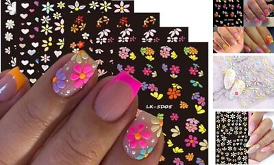 #ad Flower Nail Art Stickers Decals Holographic 5D 5D Colorful Flower Heart $14.63