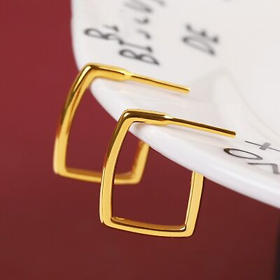 #ad Pure 999 24k Yellow Gold Stud Women Geometric Rectangle Square Earrings 1.4 1.5g $246.05