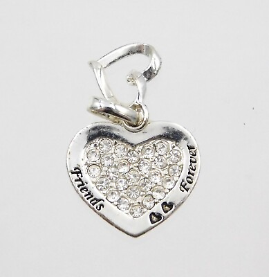 #ad Silver Plated White Rhinestone Double Heart Charm Friends Forever Love Quote $14.40