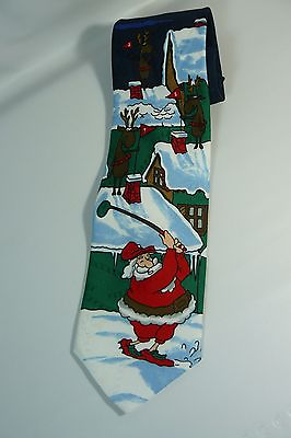 #ad HALLMARK Holiday Mens Tie Santa Golfing on Housetop Roofs w Reindeer Christmas $4.20