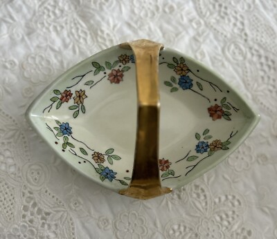 #ad Vintage Hand Painted Floral Porcelain Basket Dish Green Signed P Guerin Limoges? $19.50