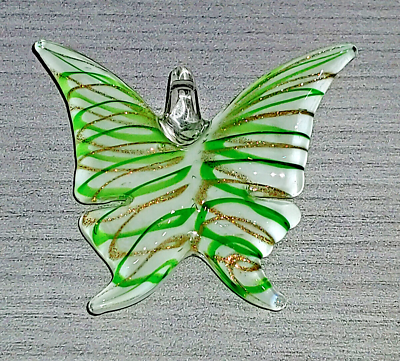 #ad Green amp; White Butterfly Pendant W Gold Stardust Lampwork Glass Jewelry Making $7.98