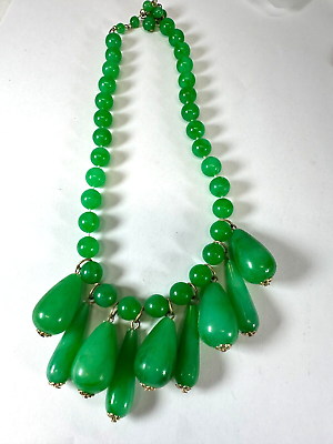 #ad Vintage Necklace Green Bead Teardrop Lucite Bright Plastic Hong Kong $16.00