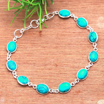 #ad Natural Turquoise Oval Shape Gemstone Women#x27;s Bracelet 925 Sterling Silver Gift $62.64