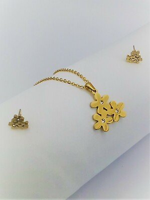Three Little Flowers Jewelry Set Stainless Steel Necklace Pendant Stud Earrings $13.99