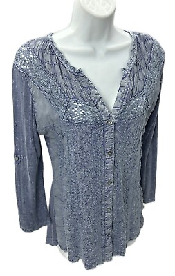 #ad #ad Junior Medium Solitaire Blue Blouse Top Rayon Lace Festival Casual Convertible S $10.26