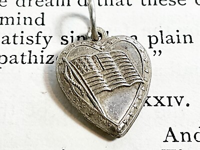 #ad Antique Vintage Sterling Heart Charm with USA Flag $29.00