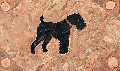 #ad Wonderful Antique American Hooked Rug With Schnauzer Dog And Bullseyes Corners. $220.00