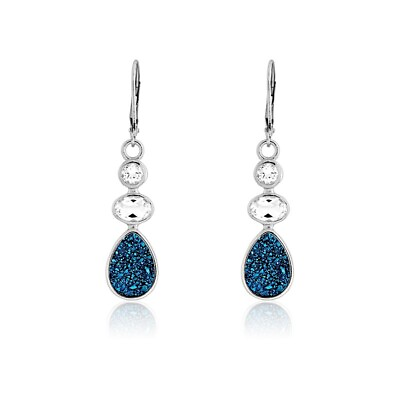 #ad Sterling Silver CZ w Dark Blue Teardrop Druzy Earrings $127.00