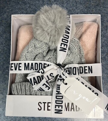 #ad Steve Madden Fringe Scarf amp; Beanie Set NEW IN BOX Blush Plaid Grey GIFT $24.99