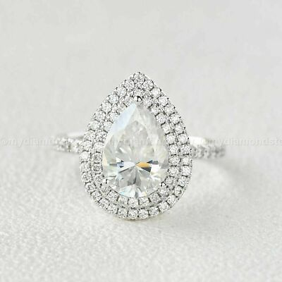 #ad 2.CT Pear Cut Simulated Diamond Halo Solid 14K White Gold Engagement Ring Size 6 $234.60