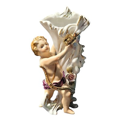 #ad Vintage Victorian Porcelain Cherub Angel With Horn Flower Vase Free Shipping $29.95