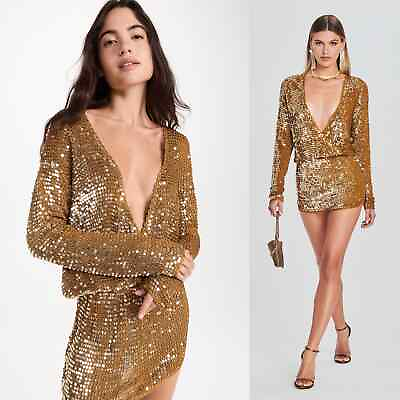 #ad Retrofete Lucia Sequin Crochet Mini Dress NWT in Ginger Gold Long Sleeve XS S $375.00