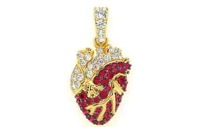 #ad 4Ct Simulated Ruby amp; Diamond Human Heart 18#x27;#x27; Pendant 925 Silver Gold Plated $134.99