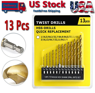 #ad 13Pcs HSS Titanium Coated Twist Drill Bit Set 1.5 6.5mm Hex Shank For wood Metal $5.99
