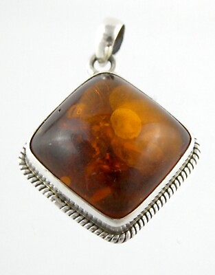#ad Sterling Silver Orange Amber Cabochon Pendant 925 16.5g 1.5 Inch Length $43.20