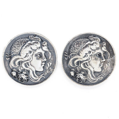 #ad Antique Sterling Silver Repousse Round Maiden Lady Earrings 23.5 mm $249.00