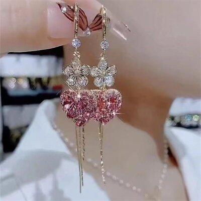 #ad Elegant Zircon Heart Flower Tassel Earrings Hook Drop Dangle Women Jewelry Gift GBP 3.19