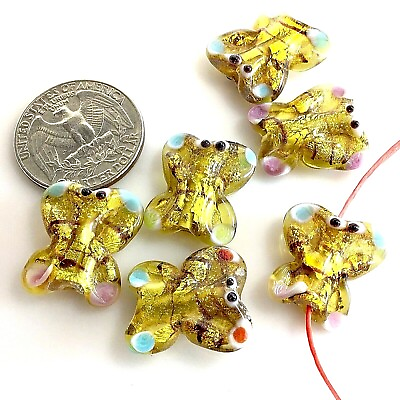 #ad Handmade Lampwork Glass Pendant Yellow Golden Foil Butterfly Beads 19mm 6pcs C4 $8.99