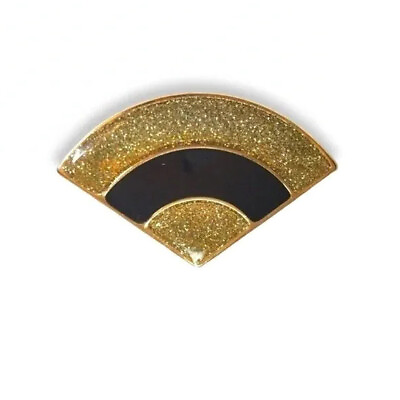 #ad Vintage Gold Dust Yellow Black Enamel Fan Brooch Pin Geometric Art Deco Jewelry $9.84
