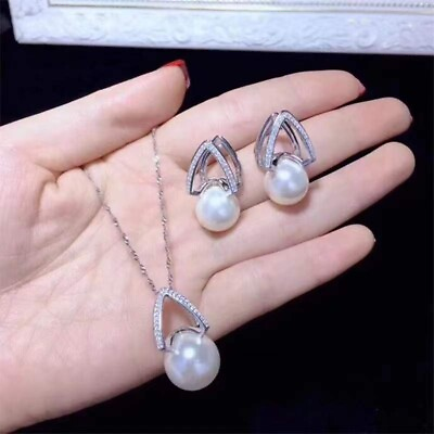 #ad Gorgeous AAAA9 10mm Akoya white pearl pendant earring necklace set $89.00