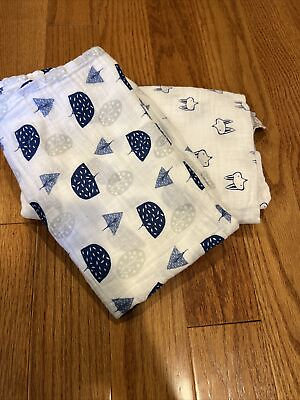 #ad Lot Of Two ADEN AND ANAIS Swaddle Muslin Cotton Blankets Fox Trees Navy White $14.99