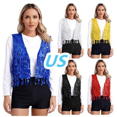 #ad US Womens Sequin Fringe Sleeveless Jacket Vest Tassels Trim Waistcoat Cardigan $15.19