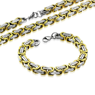 #ad Stainless Steel Silver Tone Yellow Gold Tone Necklace Bracelet Mens Jewelry Set $24.99