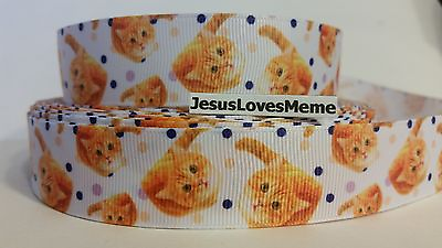 #ad Grosgrain Ribbon Cute Yellow Tabby Kitty Cats amp; Polka Dots Adorable 1quot; Wide $2.97