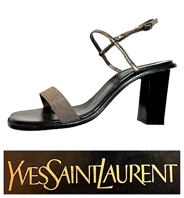 #ad YVES SAINT LAURENT Azur Nickle Chain Sandal Heels Womens Sz 9.5 M Silver amp; Black $147.89
