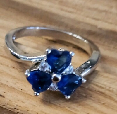 #ad Stamped 925 Silver Ring Sapphire Blue Heart Shaped Stones $15.00