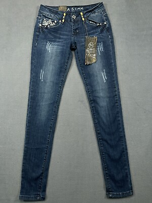 #ad NWT LA STAR Miss Chic Jeans Y2K Size 1 Womens 28x31 Blue Embellish Bling Skinny $20.99