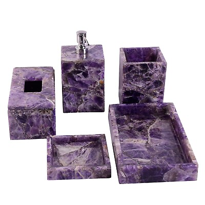 #ad Stone Bath Set Amethyst Resin Art Tooth Brush Holder for Bathroom Set of 5 Piece $635.00
