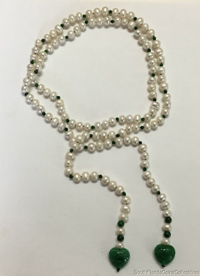 #ad Estate Jewelry 8.5mm Pearl and Jade Strand Lariat Necklace 47quot; Long $899.00