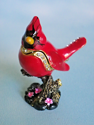#ad Bejeweled Red Robin Metal Enameled Rhinestone Hinged Mini Trinket Box 3quot; New $14.99