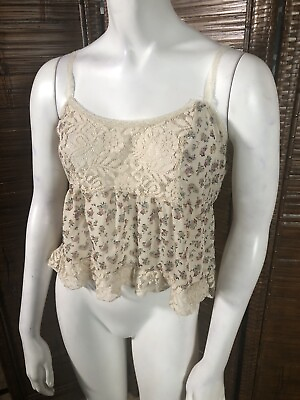 #ad Vintage Free People Peplum Tank Top Lace Floral Cream Pink Small $14.99