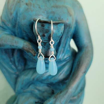 #ad Czech Glass Blue Handmade Teardrop Earrings Silver Plated $15.00