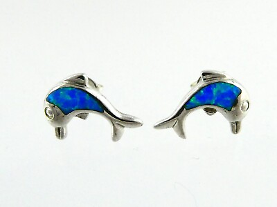 #ad Sterling Silver Synthetic Blue Opal Inlay Dolphin Stud Earrings 925 1.8g .5 Inch $28.90