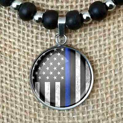 #ad #ad American Flag Thin Blue Line Police Blue Lives Leather Necklace Men#x27;s Women#x27;s $12.00