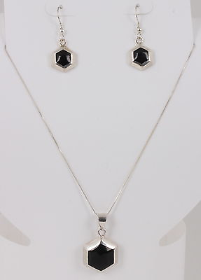 #ad STERLING SILVER INLAID BLACK ONYX NECKLACE EARRINGS JEWELRY SET 925 MEXICO 5966 $60.00