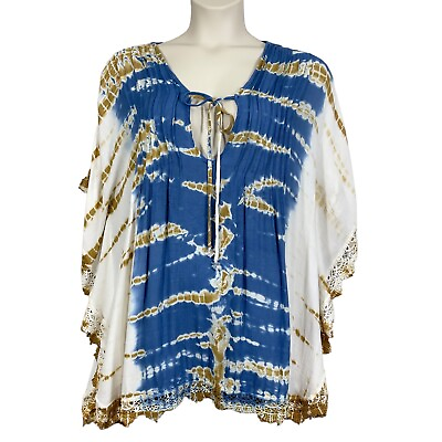 Spiaggia Dolce Women Top Large Blue Gold Tie Dye Crochet Trim Boho Hippie Blouse $20.49