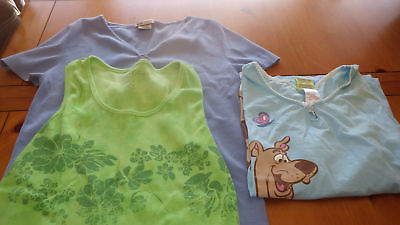 #ad Lot Ladies Tops Green Ribbed Tank Blue Stretch SHort Sleeve Scooby Doo Sleep L $15.24