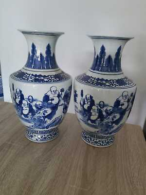 #ad A Great pair of chinese blue and white vases 13quot; tall mark to base $299.00