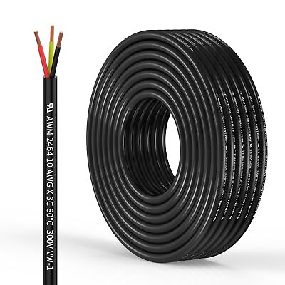 #ad 10 Gauge 3 Conductor Electrical Wire Oxygen Free Copper Cable 50FT 15.3M Flex... $211.53